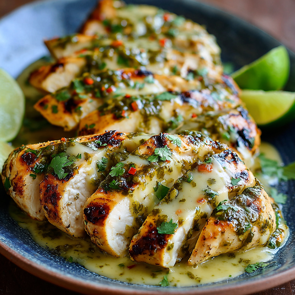 A plate of chicken with a green sauce, possibly pesto, on top.