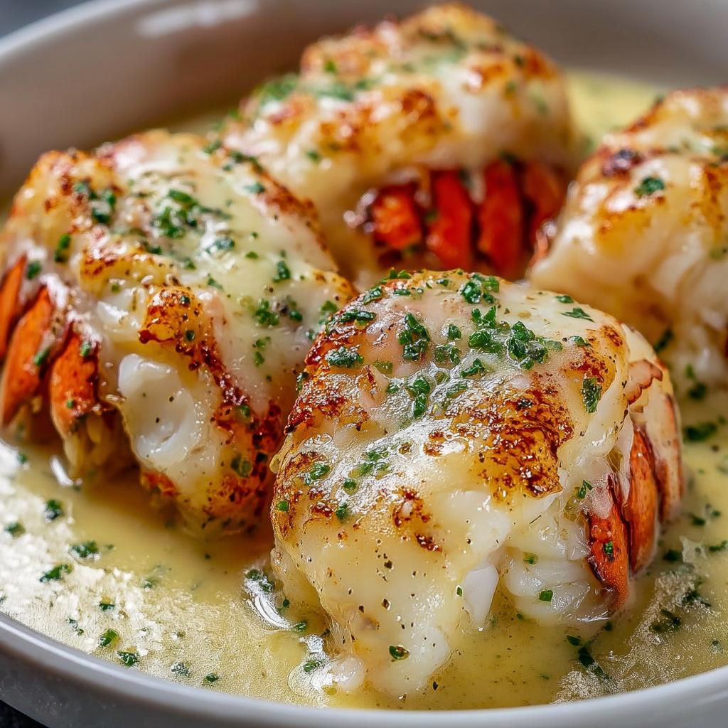 A bowl of lobster with a creamy sauce, served with herbs.