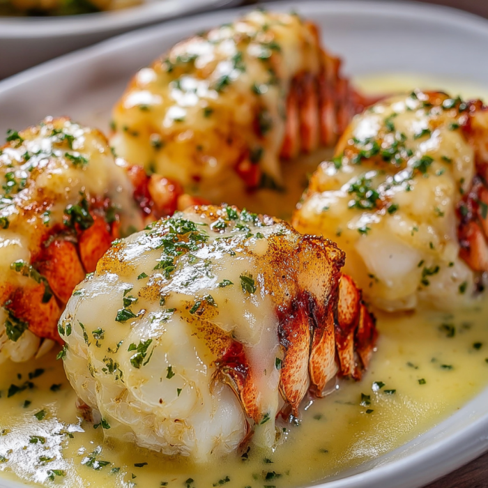A plate of lobster with a sauce on top.
