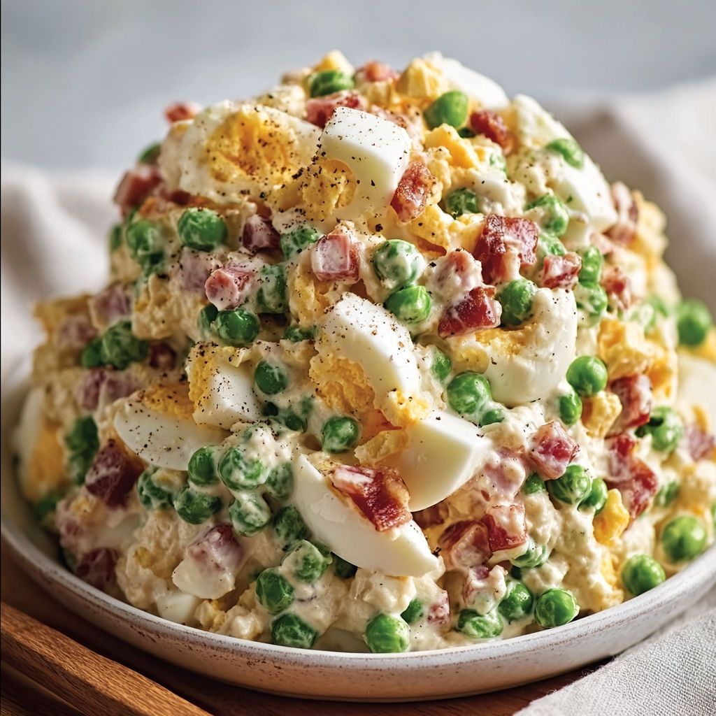 A large bowl filled with a delicious Southern Pea Salad, topped with bacon and eggs.