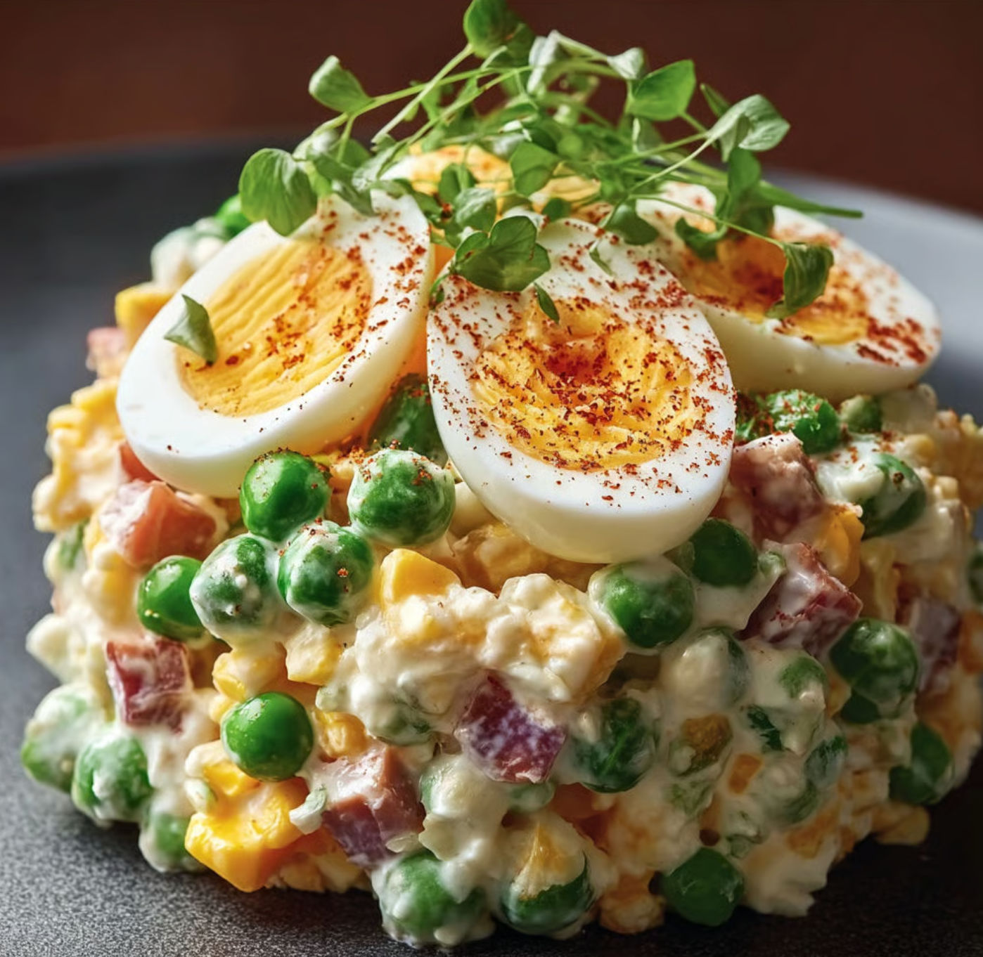 A delicious Southern Pea Salad is served on a black plate.