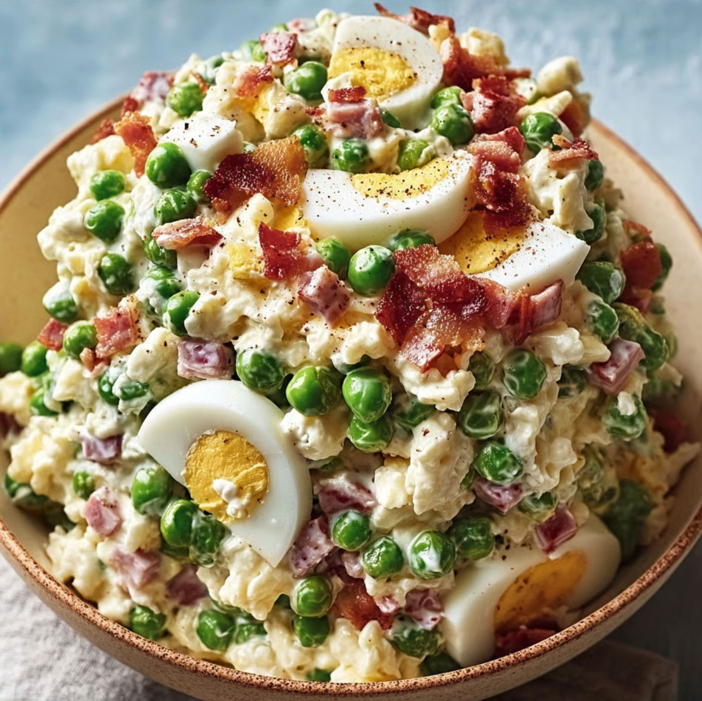 A bowl of Southern Pea Salad with bacon, eggs, and peas.