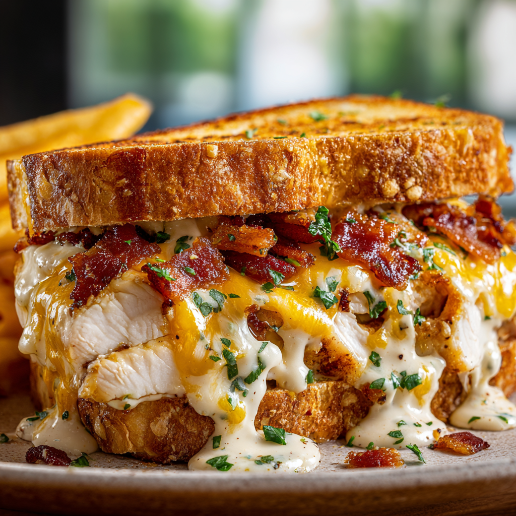 A delicious Cheddar Bacon Ranch Chicken Melt is served on a plate with a side of fries.