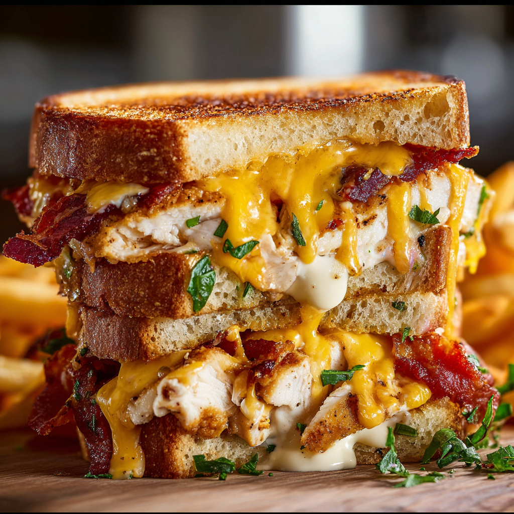 A sandwich with bacon, cheese, and chicken is displayed on a table.