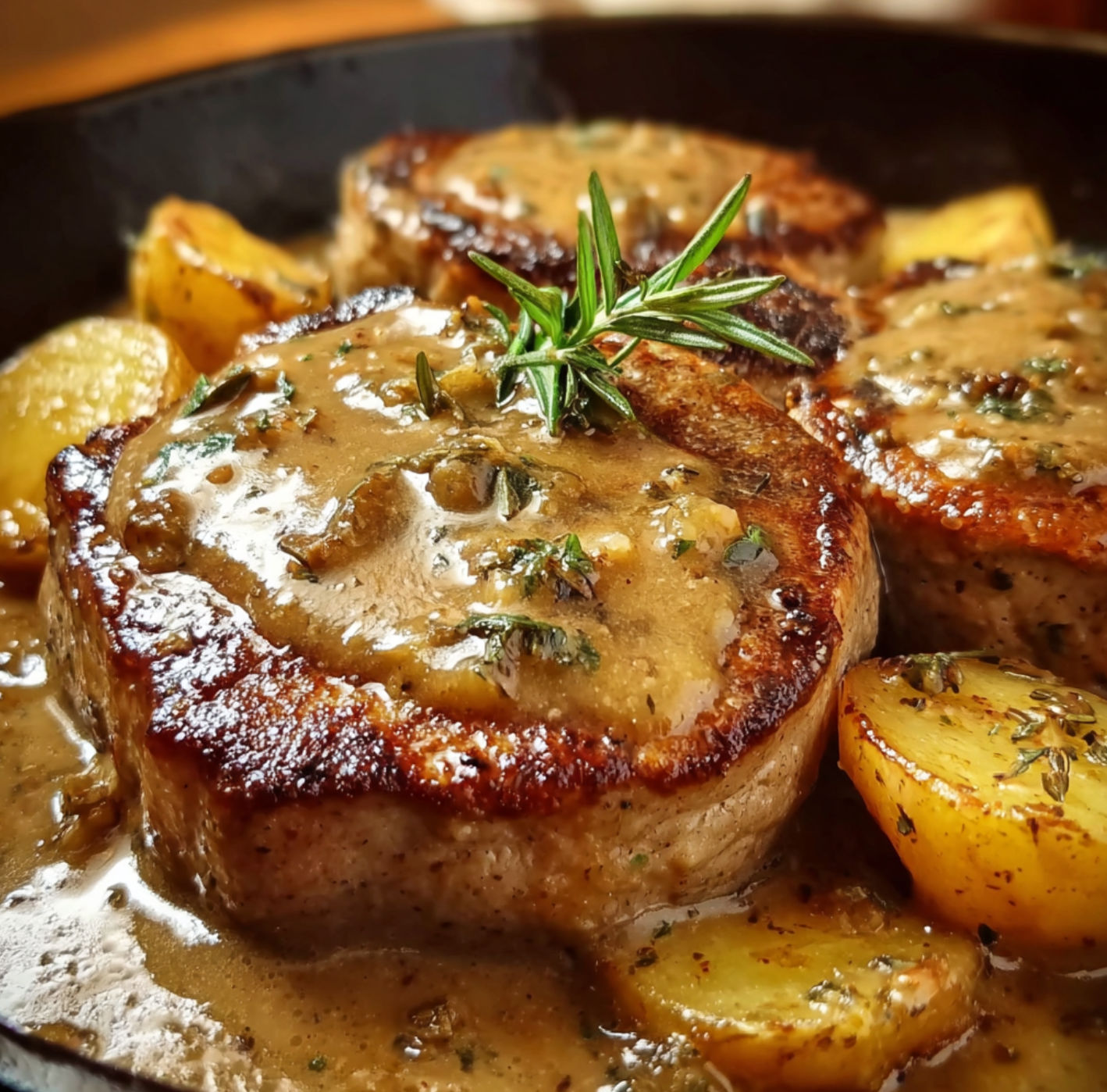 A delicious meal of smothered pork chops with potatoes in gravy.