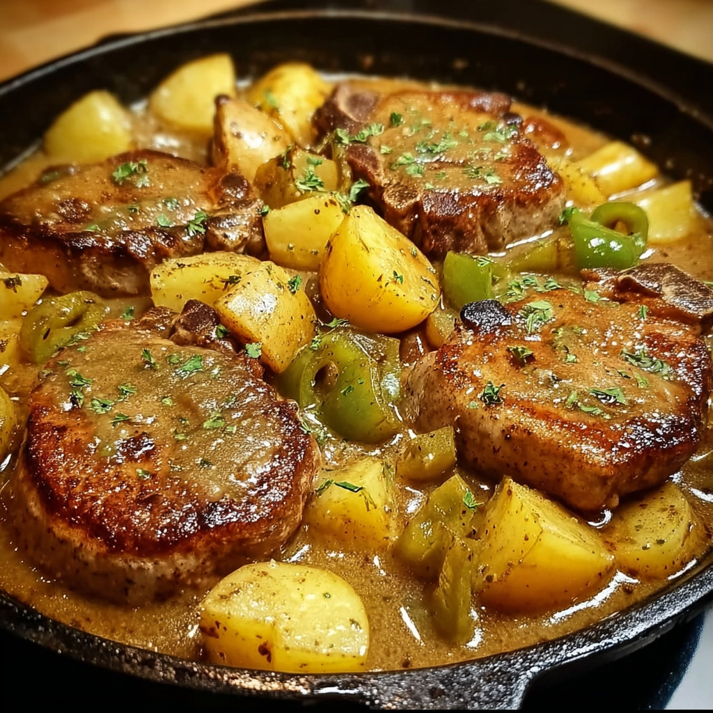 A delicious meal of smothered pork chops with potatoes in gravy.