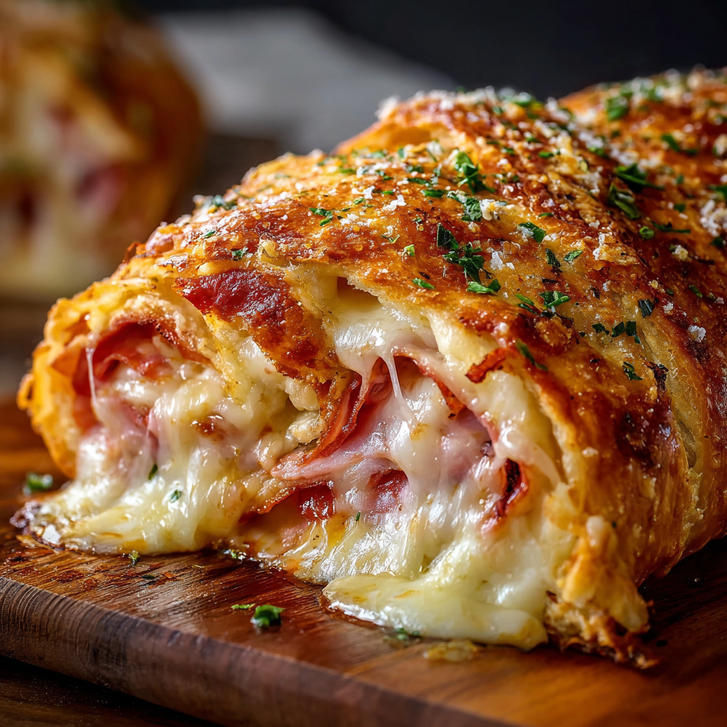 A slice of Italian Stromboli Stuffed Bread is displayed on a wooden cutting board.