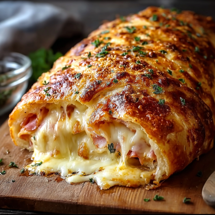 A slice of Italian Stromboli Stuffed Bread is served on a wooden cutting board.