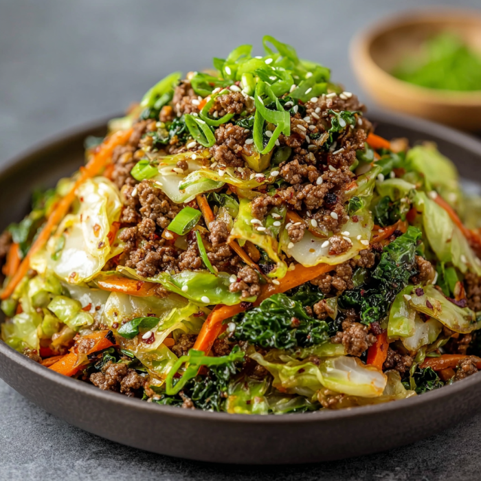 A delicious and healthy Chinese ground beef cabbage dish, served in a bowl.