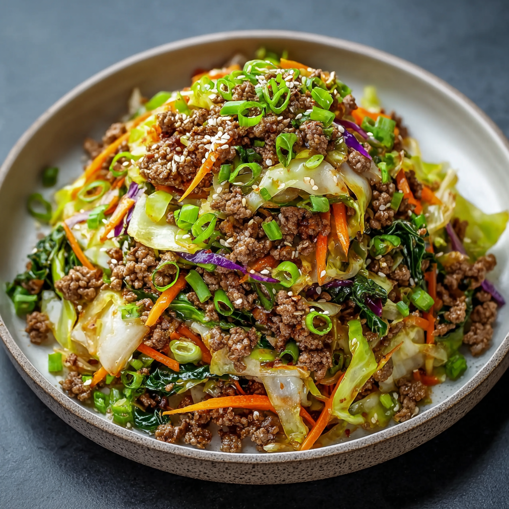 A plate of stir fry with meat and vegetables, including cabbage and carrots, sits on a table.