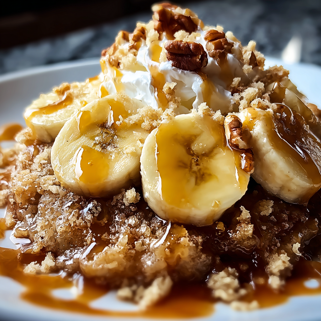 A delicious dessert made with bananas, nuts, and caramel sauce.