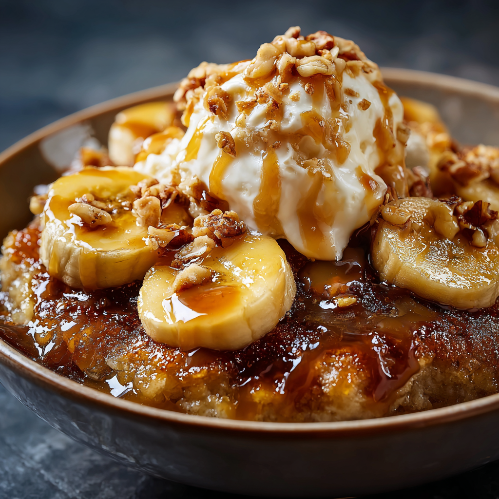A bowl of banana bread with a scoop of ice cream on top.