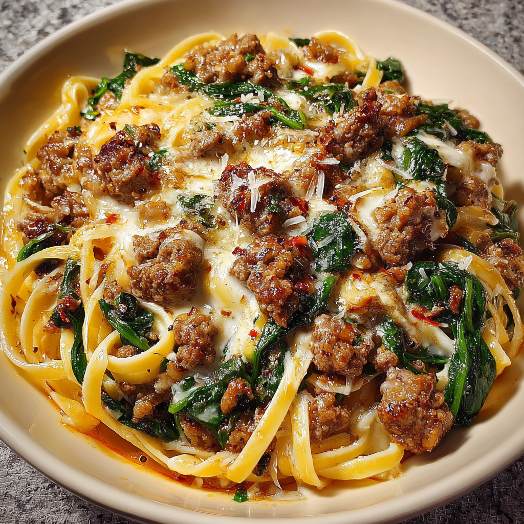 A bowl of delicious Cheesy Garlic Butter Linguine with Beef, Sausage and Spinach.