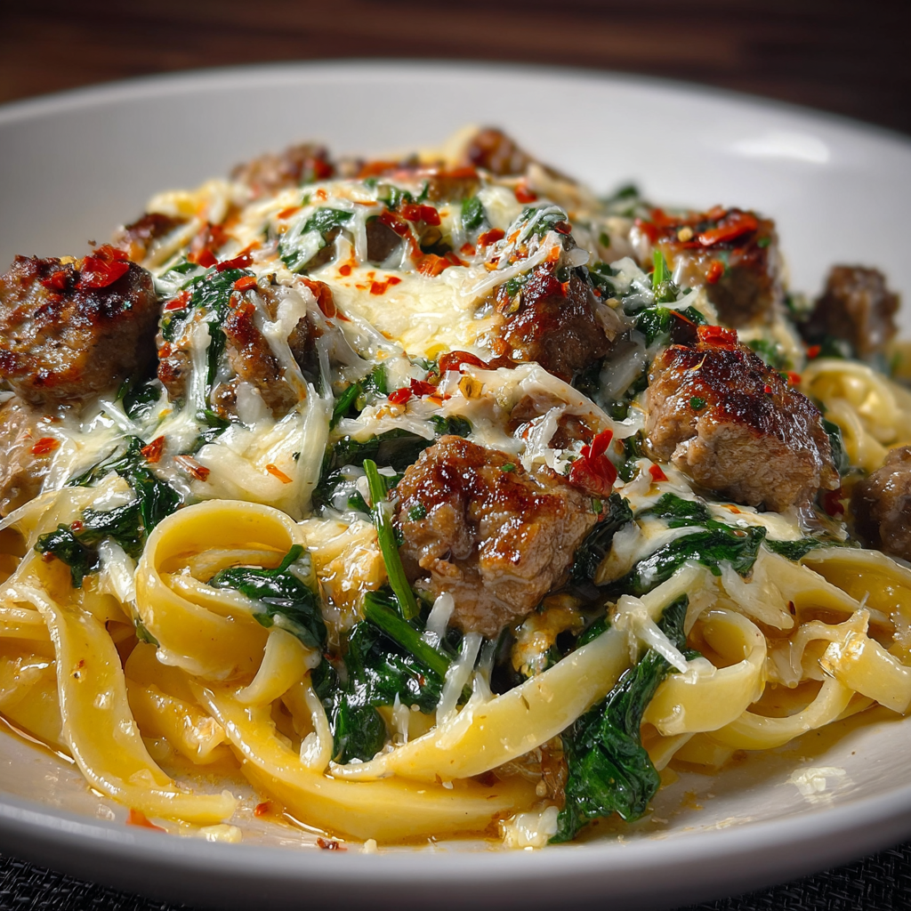 A delicious meal of Cheesy Garlic Butter Linguine with Beef, Sausage and Spinach.