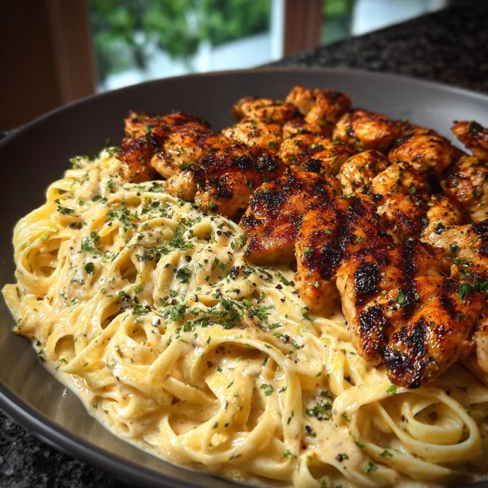A plate of pasta and chicken with a side of garlic bread.