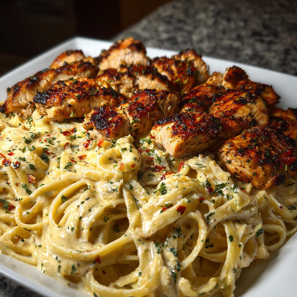 A plate of pasta and chicken with a side of garlic bread.