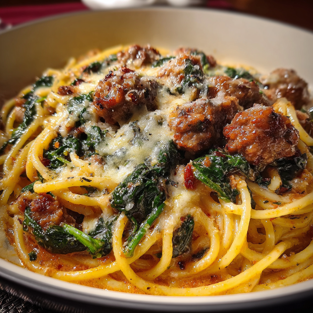 A bowl of spaghetti with meat and vegetables, including broccoli and spinach, is served on a dining table.