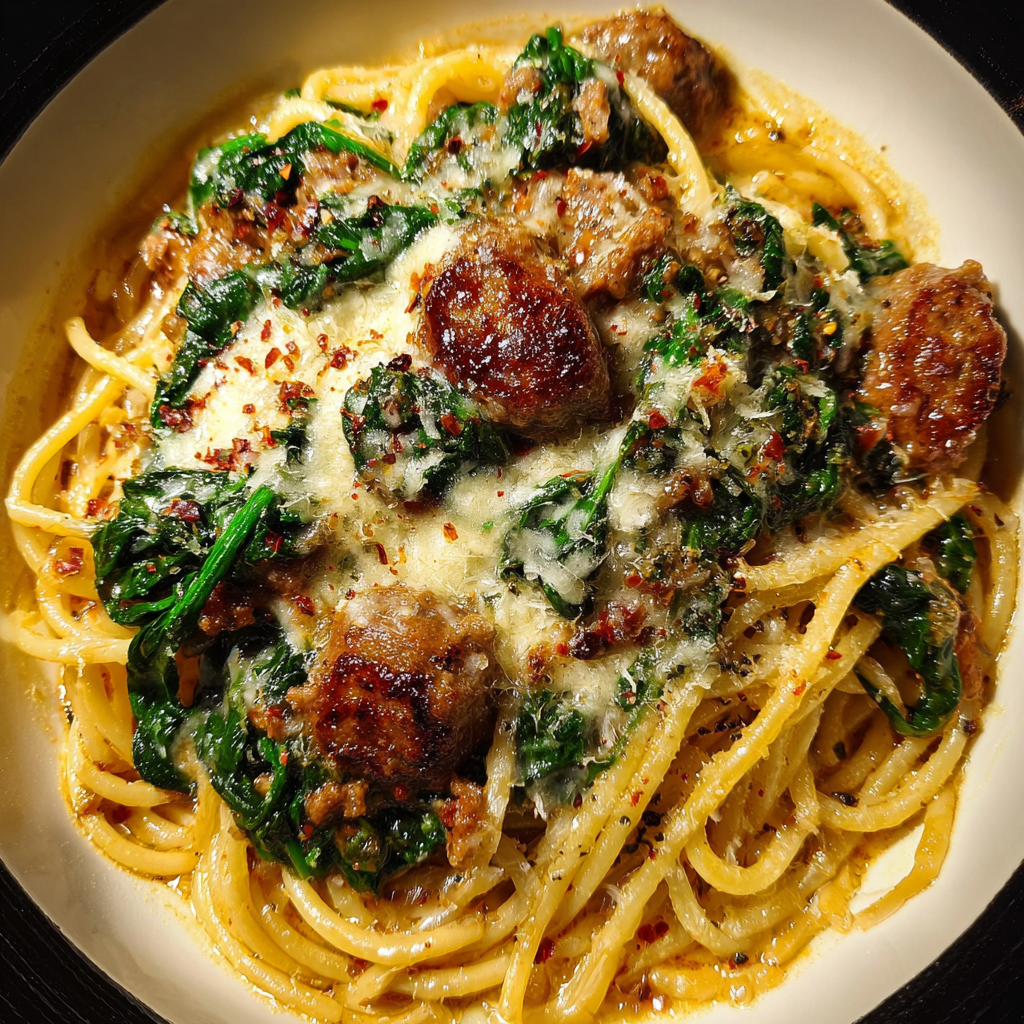 A bowl of spaghetti with meatballs and spinach, topped with cheese.