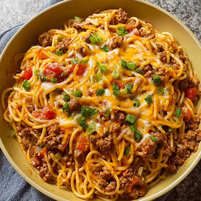 A bowl of Taco Spaghetti filled with meat and vegetables.