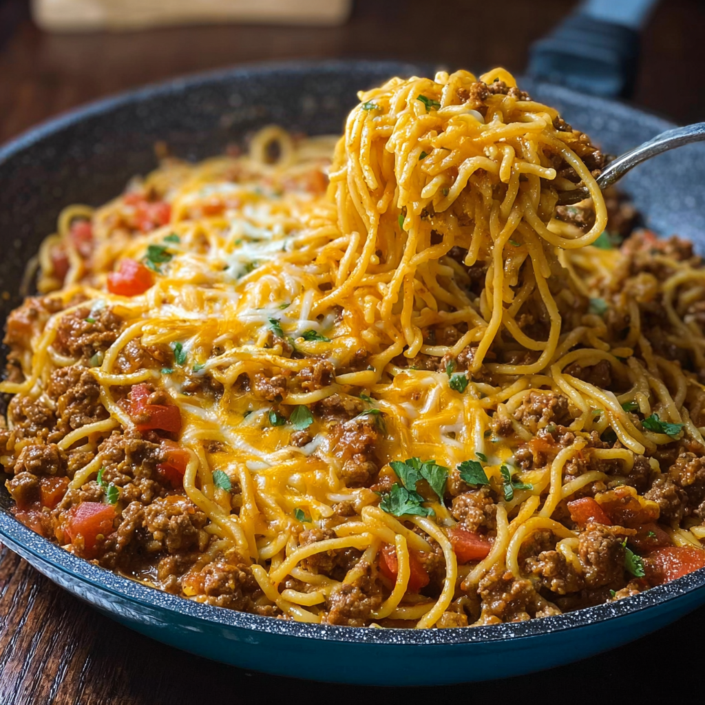 A delicious Taco Spaghetti dish is served in a blue bowl.