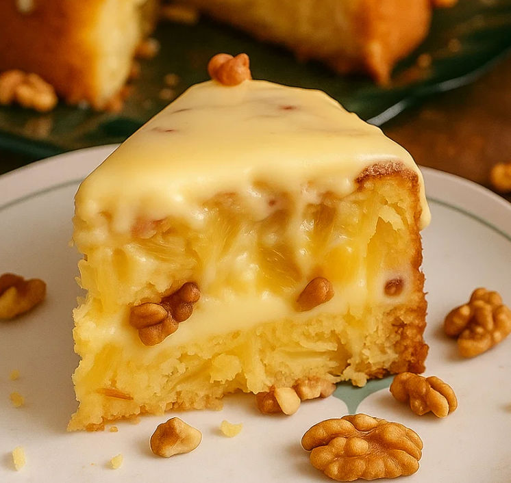 A slice of cake with a nut topping.