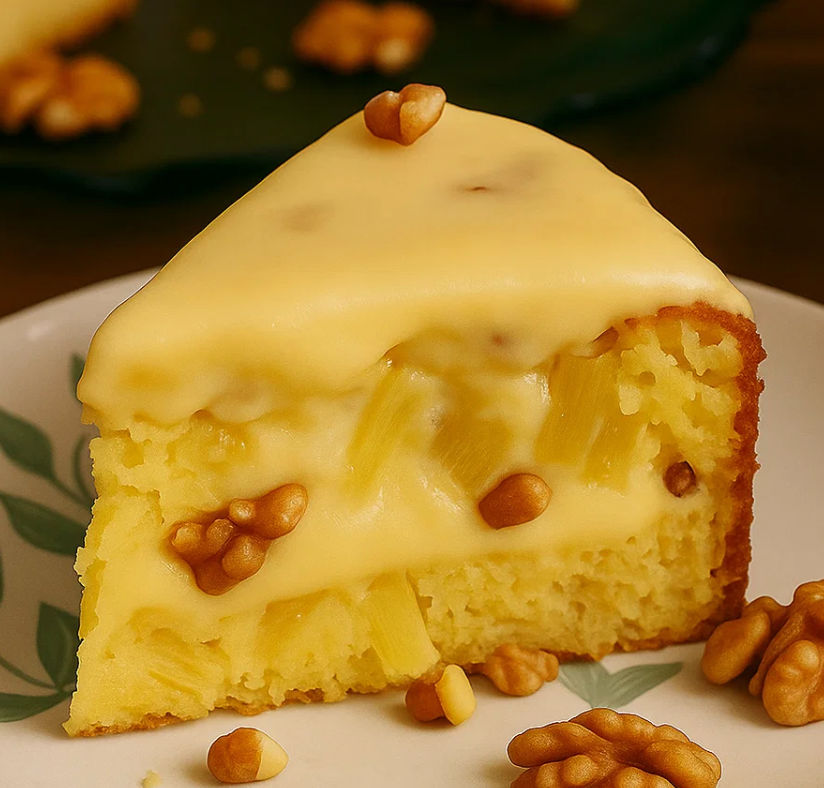 A slice of cake with nuts on top.