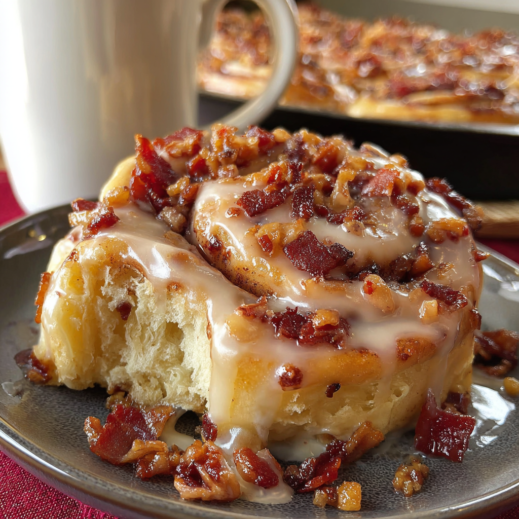 A plate of Maple Bacon Cinnamon Rolls with a cup of coffee.