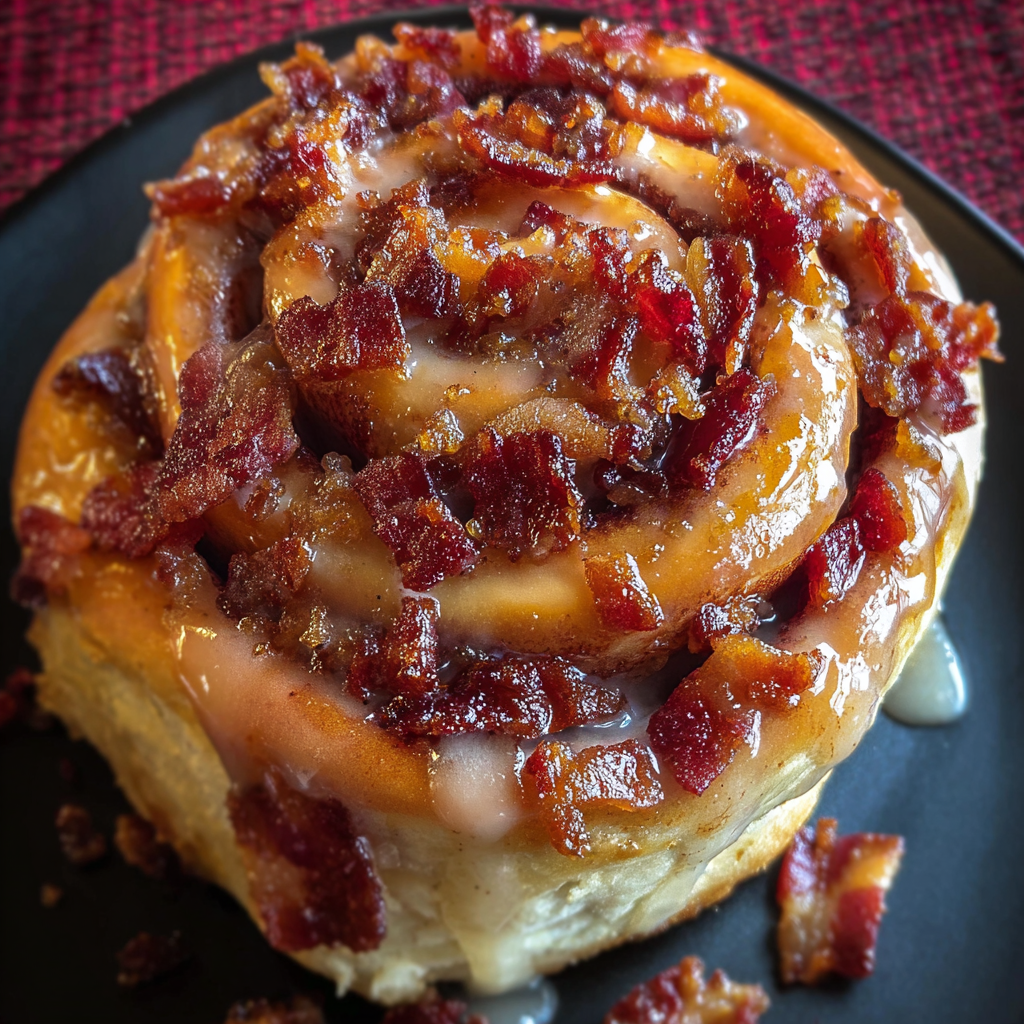 A delicious looking cinnamon roll with bacon and maple syrup on top.