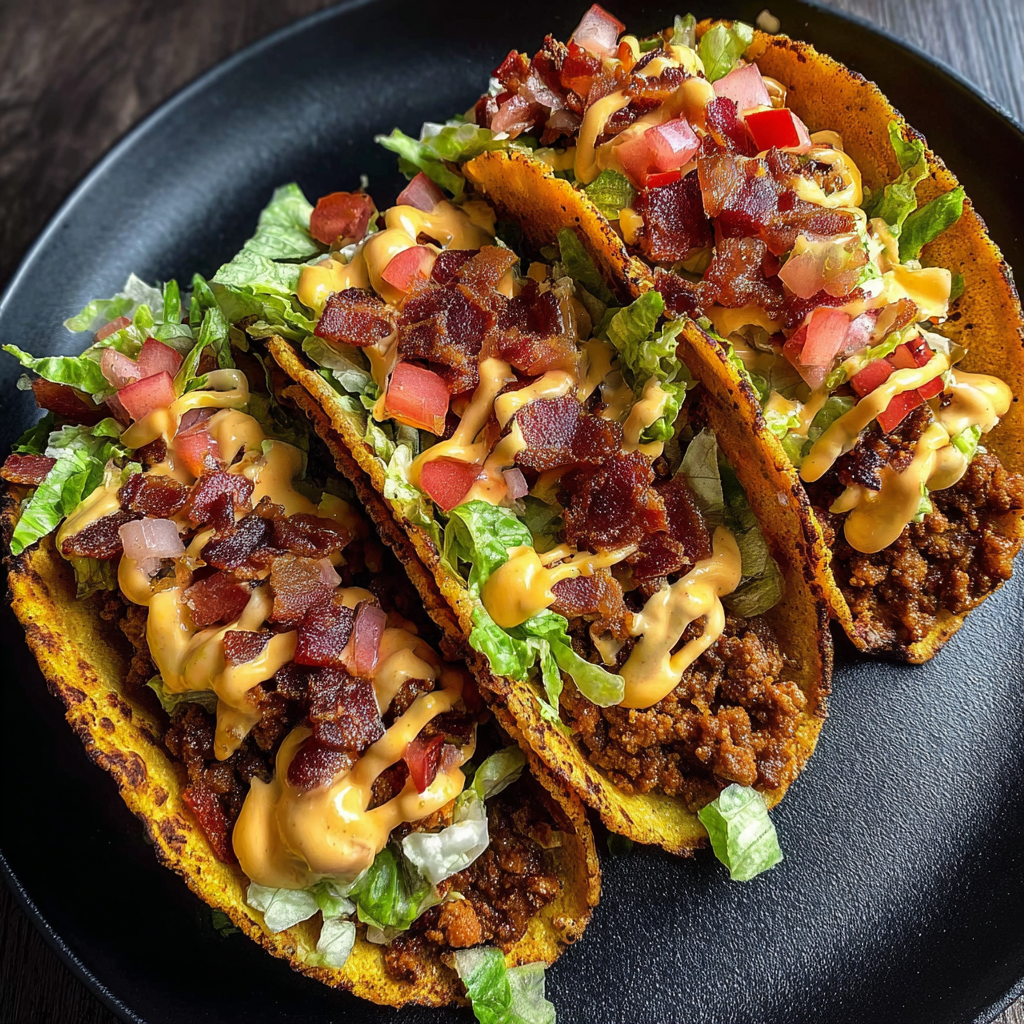 A plate of bacon and lettuce tacos with a side of ranch dressing.