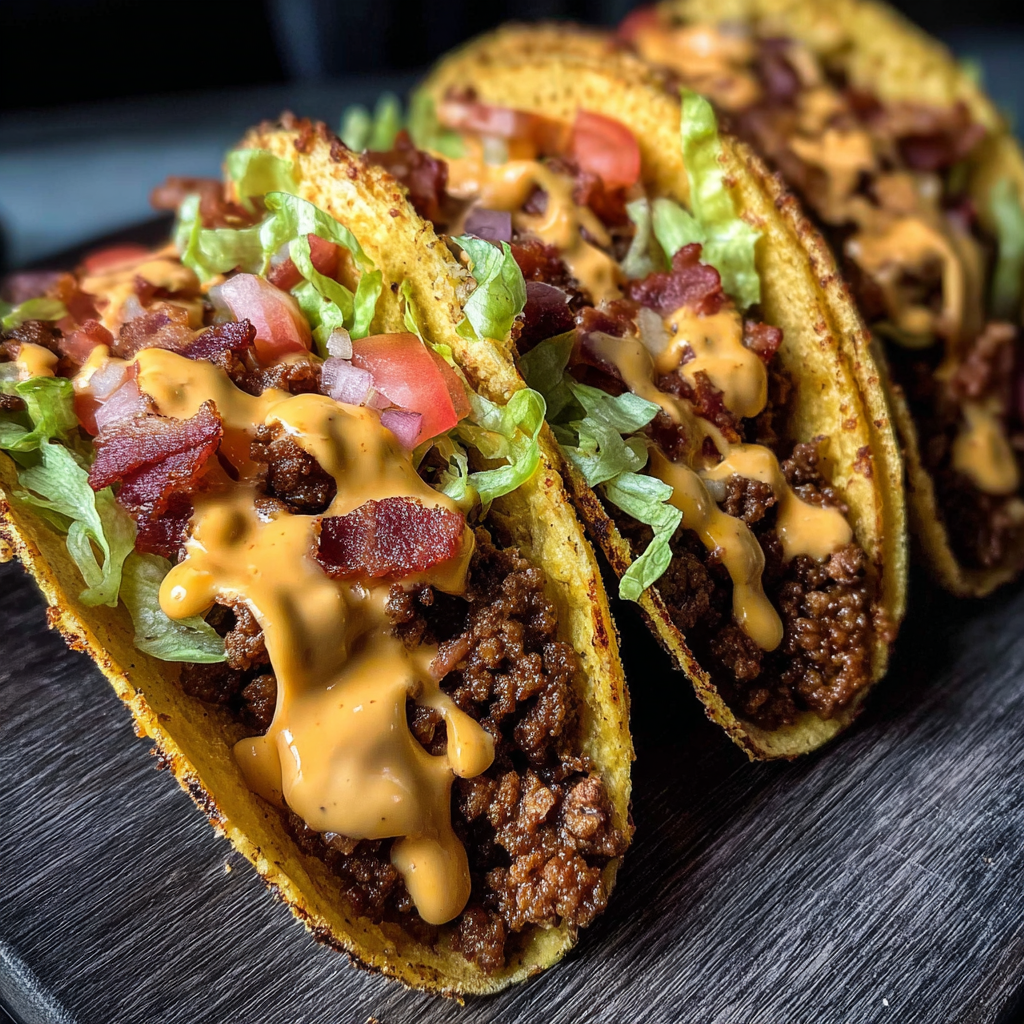 A delicious meal of bacon and cheese tacos on a wooden table.