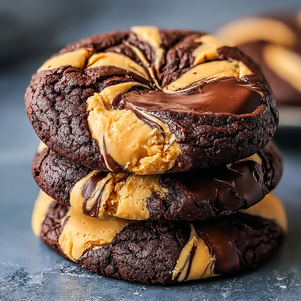 A stack of chocolate chip cookies with peanut butter filling.