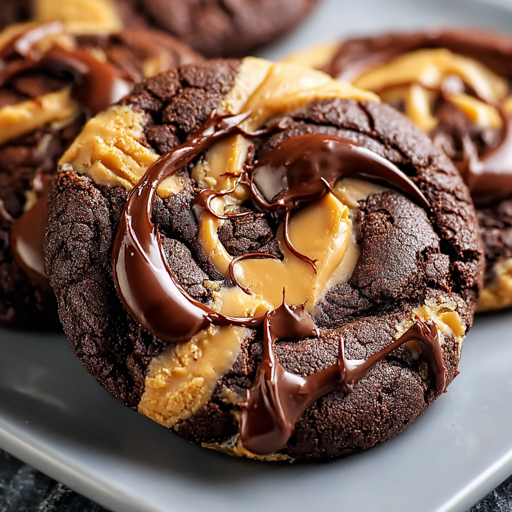 A chocolate chip cookie with a drizzle of caramel sauce on top.