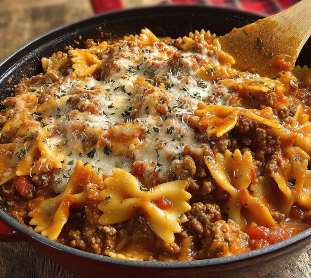 A delicious meal of Creamy Velveeta Bowtie Pasta with Italian Beef Marinara.