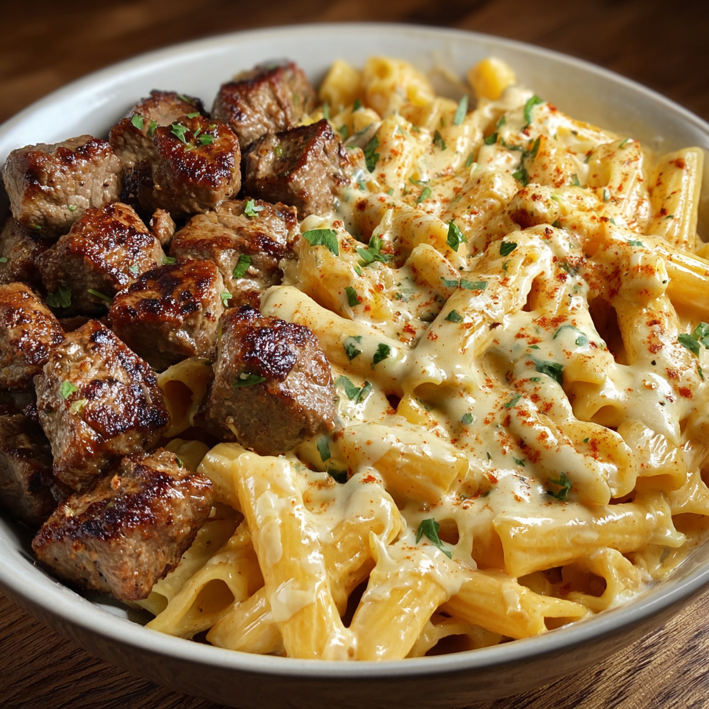 A bowl of pasta with meat and cheese, possibly a beef and cheese pasta dish.