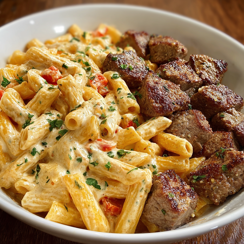 A bowl of pasta with meatballs and tomatoes, served with a side of garlic bread.