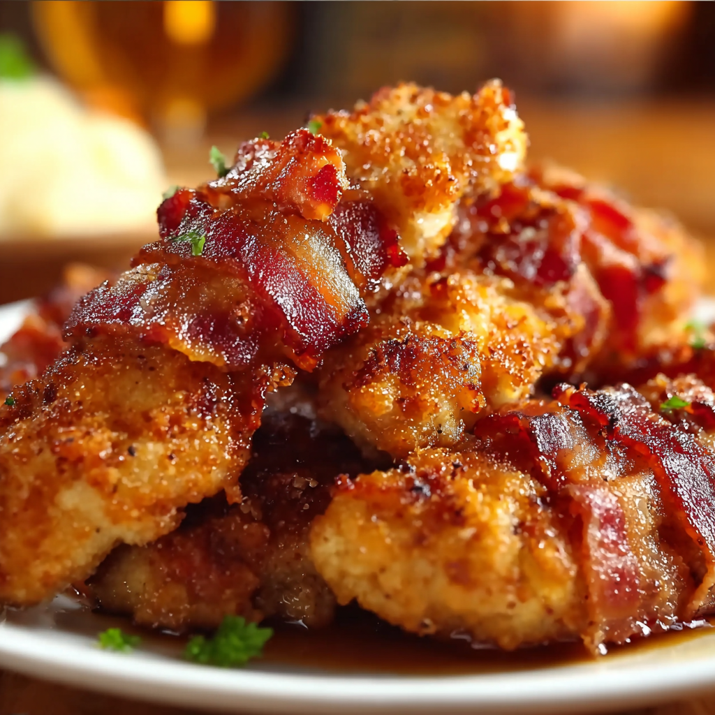 Bacon wrapped chicken with a brown sauce on a white plate.