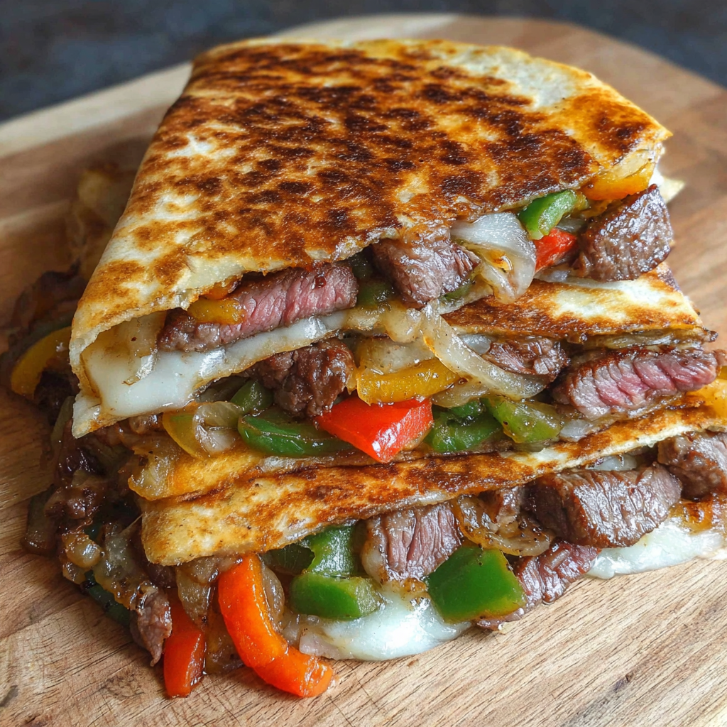 A delicious Pepper Steak Cheesy Quesadilla is ready to be enjoyed.