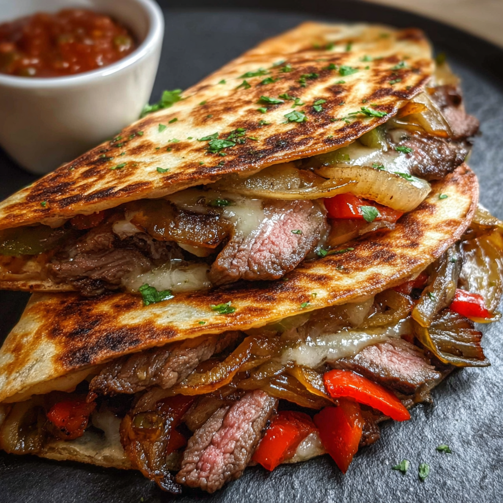 A delicious Pepper Steak Cheesy Quesadilla is served on a plate with a side of salsa.