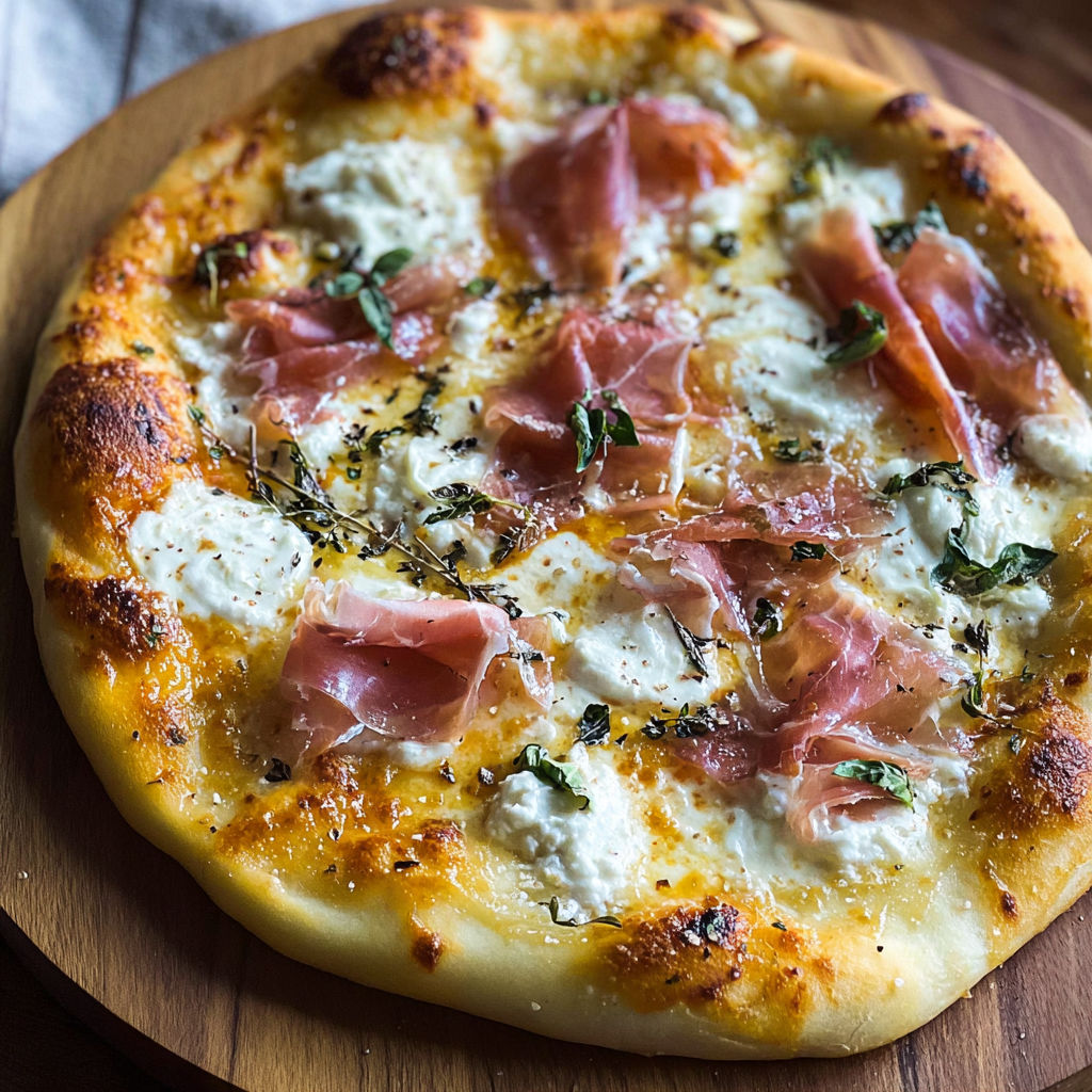 A delicious white pizza with prosciutto and hot honey on a wooden platter.