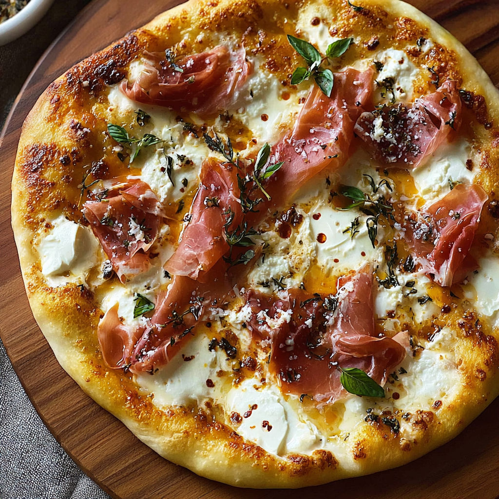 A delicious white pizza with prosciutto and hot honey is ready to be enjoyed.