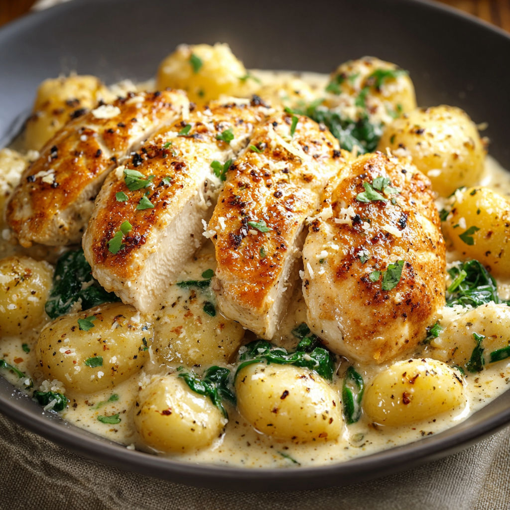A bowl of Asiago Chicken and Gnocchi, featuring chicken, potatoes, and greens.