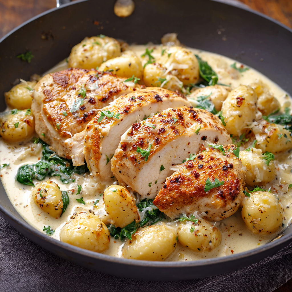 A delicious meal of chicken and potatoes in a pan.