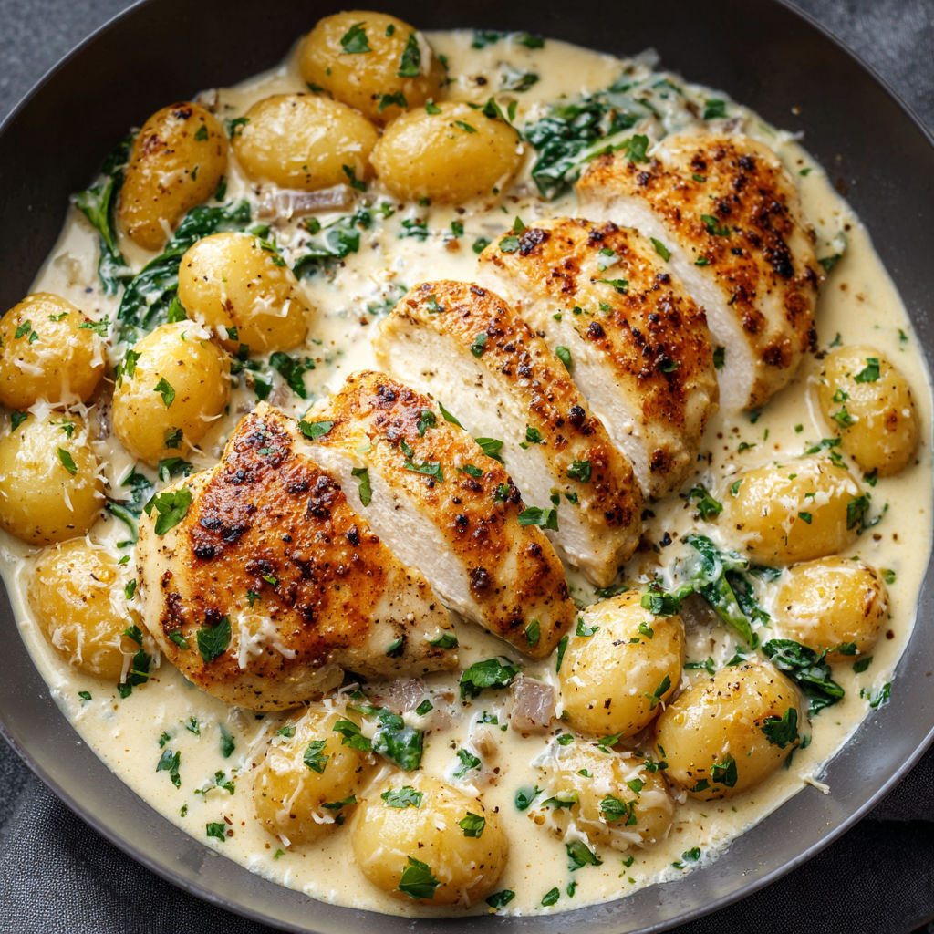 A plate of food with chicken and potatoes in a creamy sauce.