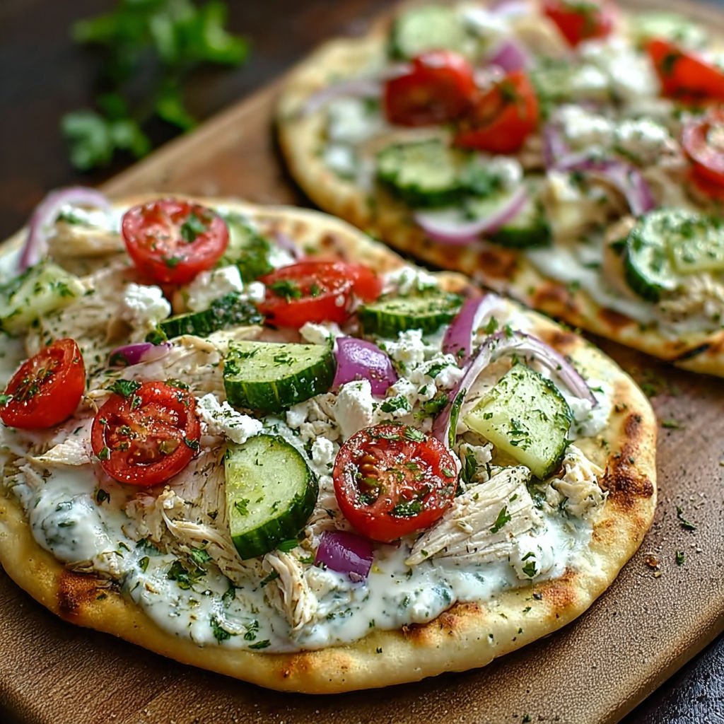 A pizza with tomatoes, cucumbers, and chicken toppings.