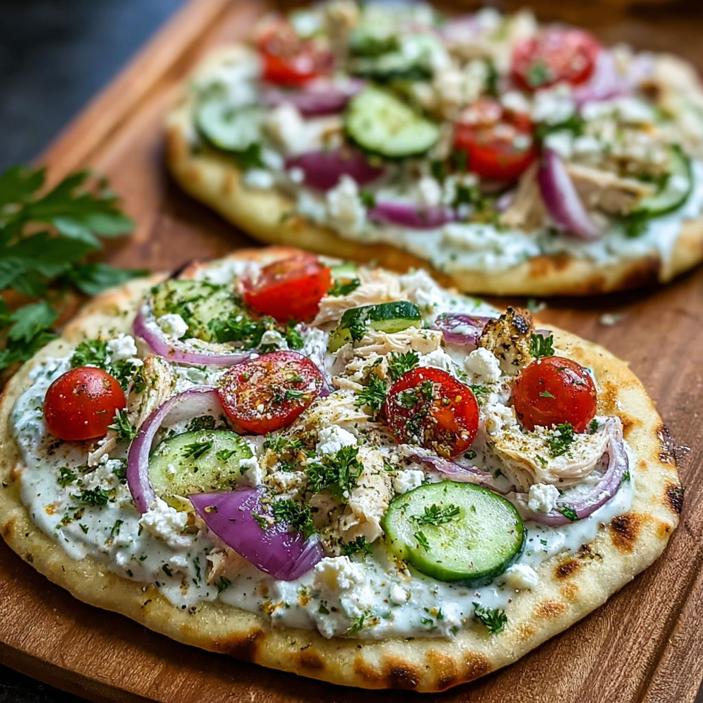 A pizza with a variety of toppings, including tomatoes, cucumbers, onions, and cheese, is displayed on a wooden cutting board.