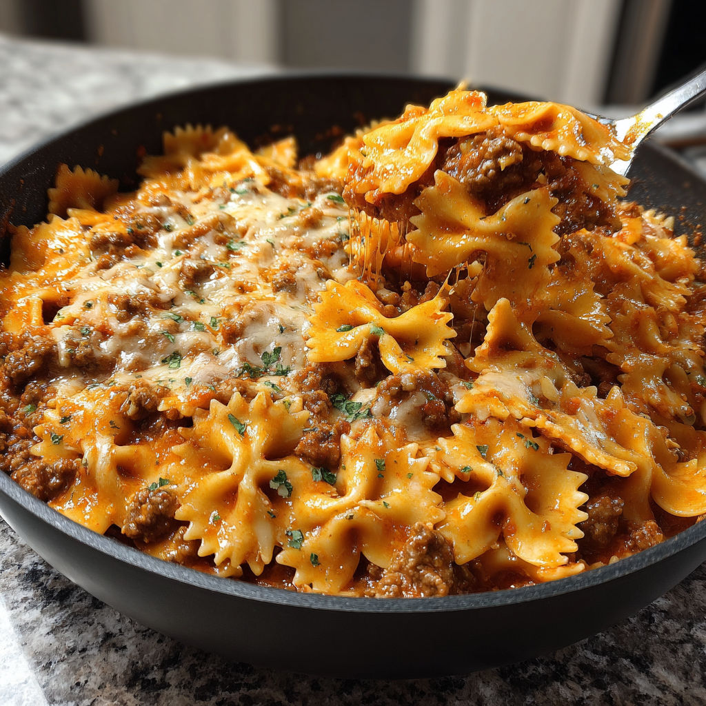 A bowl of pasta with meat sauce and cheese, ready to be eaten.