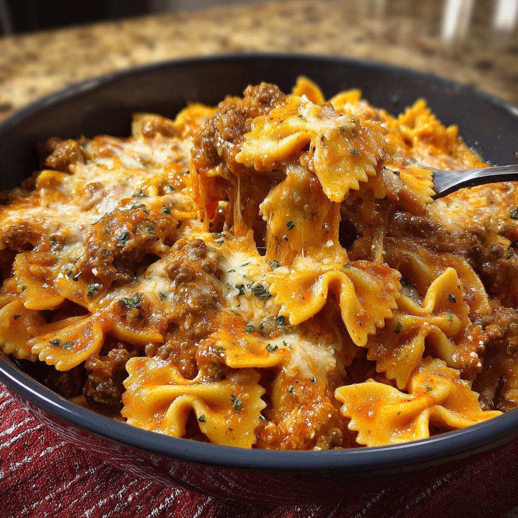 A bowl of pasta with meat sauce and cheese.