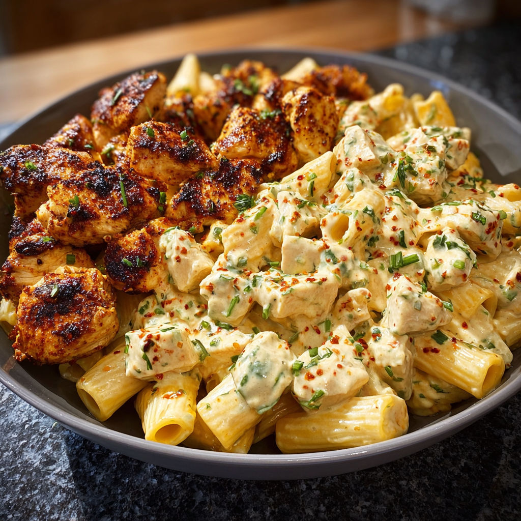 A plate of food with chicken, pasta, and sauce, accompanied by a side of grilled chicken.