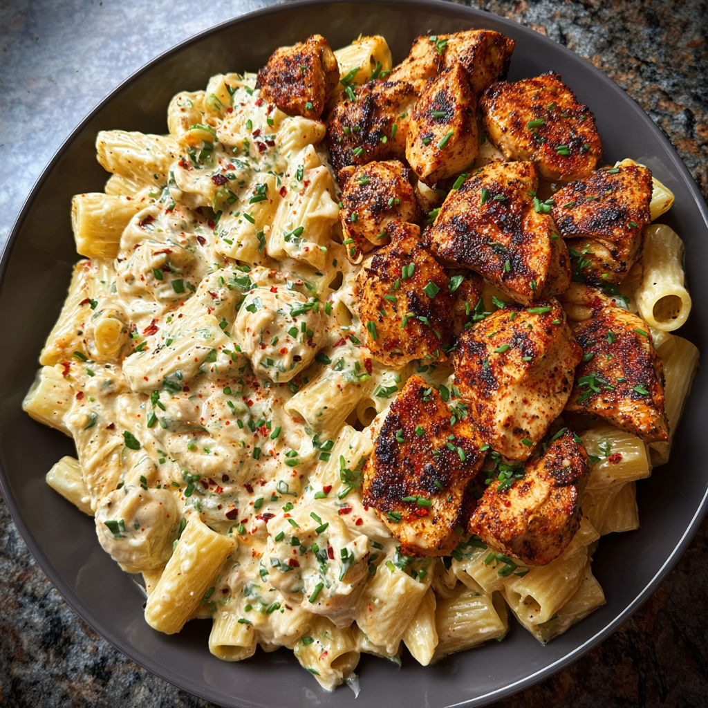 A plate of food with chicken, pasta, and vegetables.