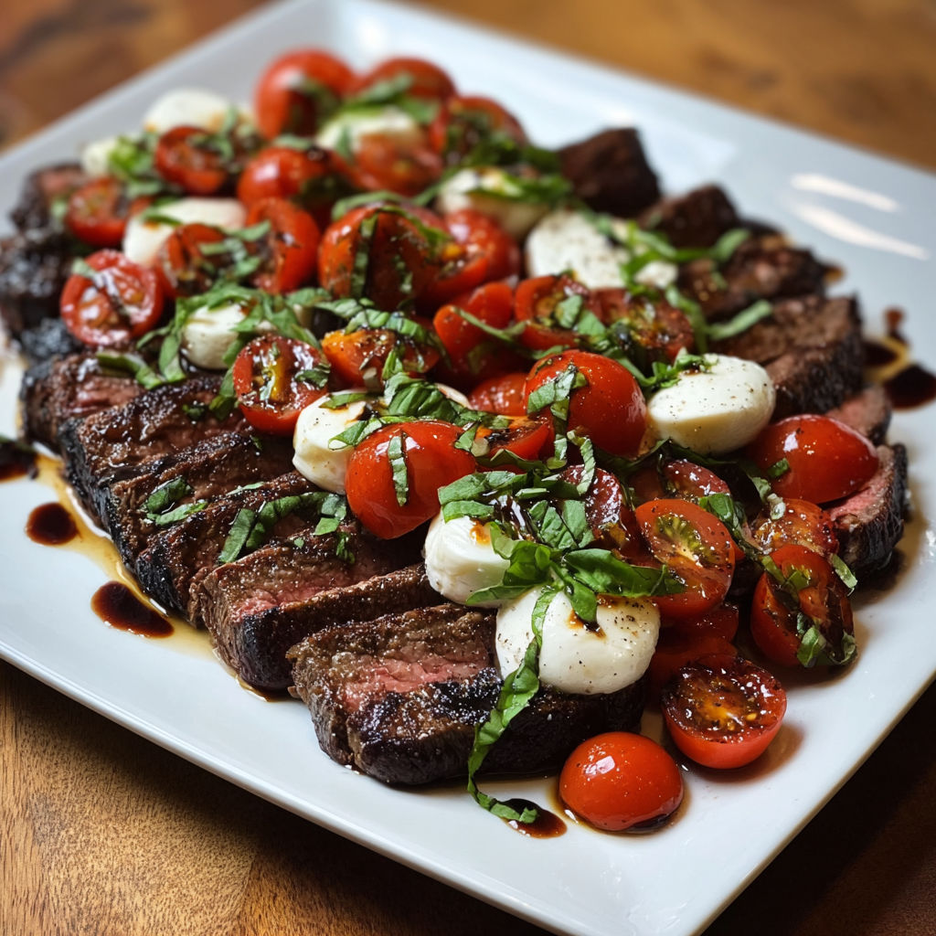 A plate of steak with tomatoes and cheese on top.